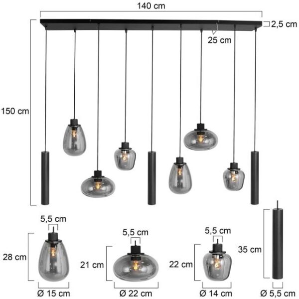 Reflexion_hanglamp_9lichts_rookglas_koker_lampencompleet